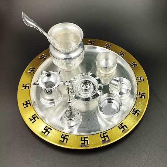 Picture of Gold and Silver Plated Pooja Thali Set 9 Inch