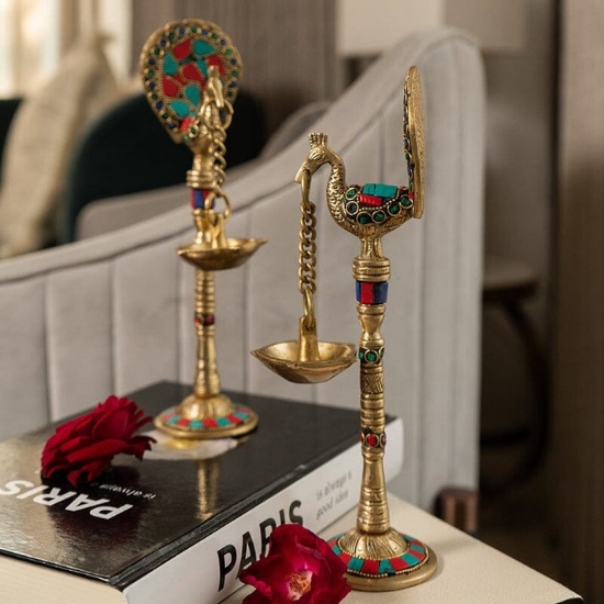 Picture of Brass Peacock colourful Hanging Diya stand set of 2 (900 gr approx) (L*B*H - 11*4  cm approx)